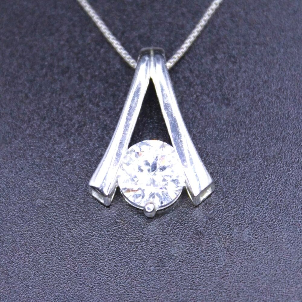 925 Sterling Silver Signed C Cubic Zirconia Large Pendant Necklace
